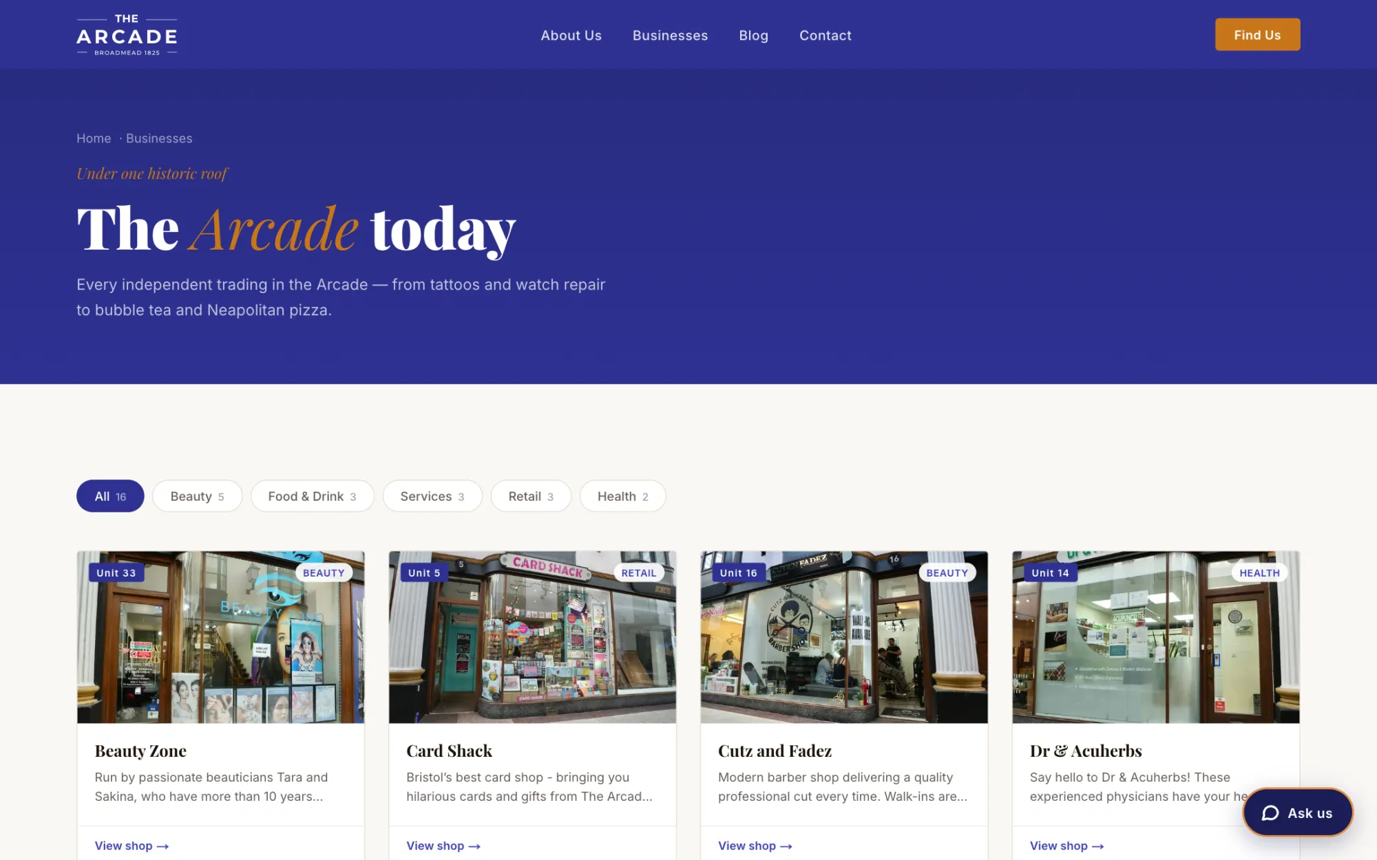 The Arcade business directory — every independent trader, filterable by category