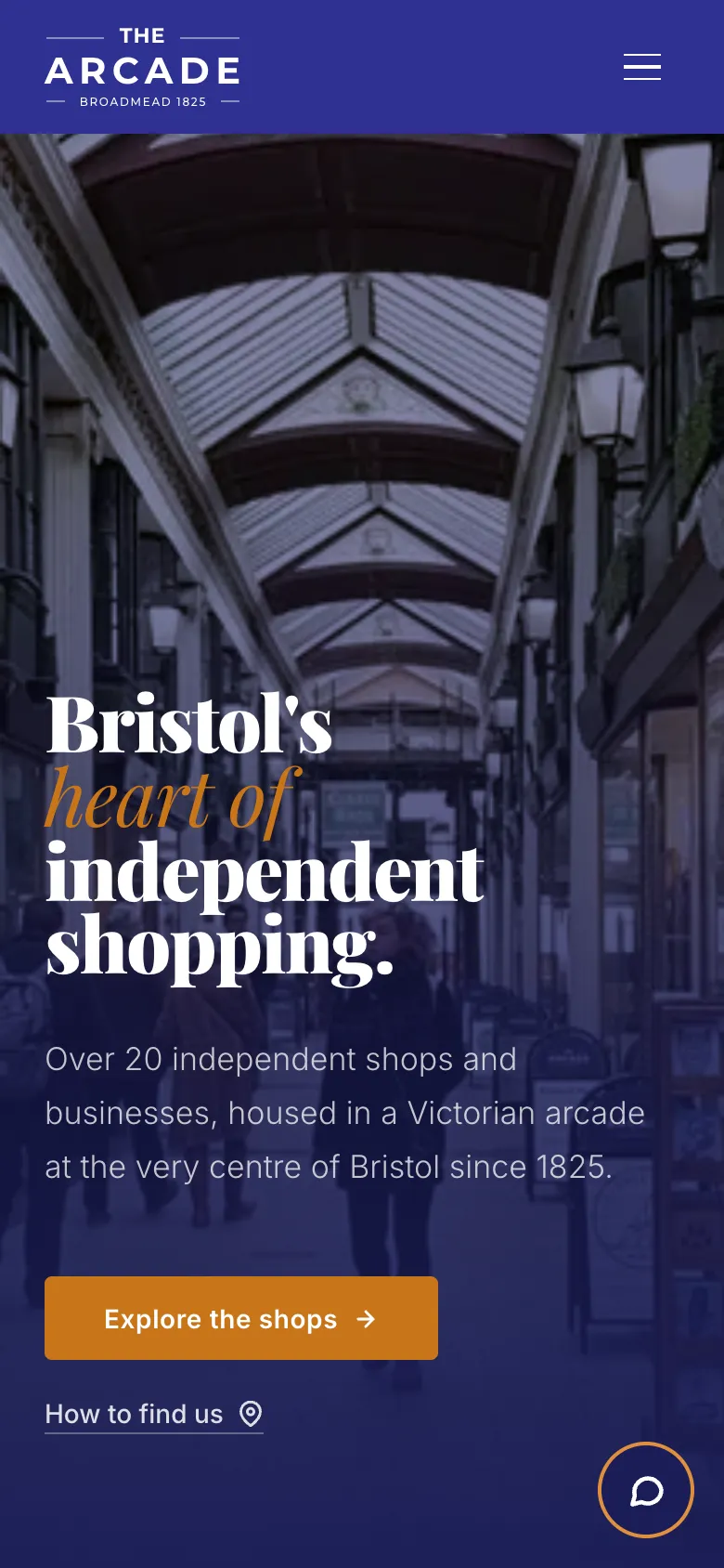 The Arcade homepage on a phone — Bristol's heart of independent shopping