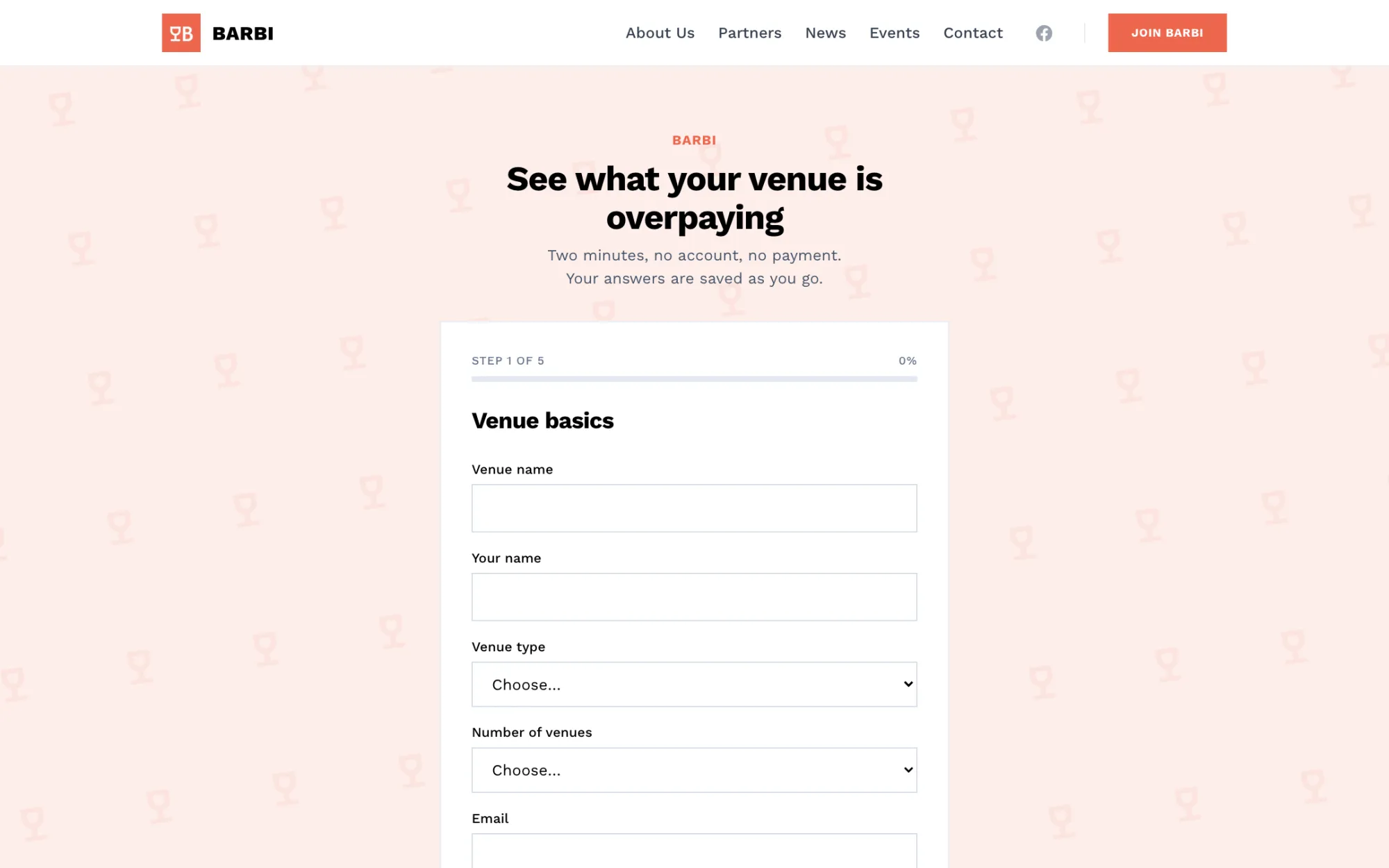 BARBI savings audit — step one of five, asking for the venue's basics