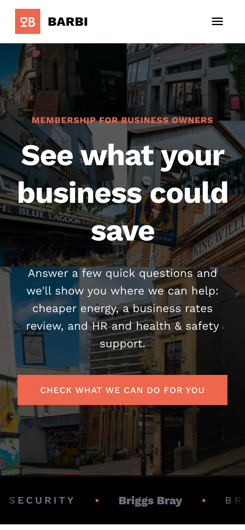 BARBI homepage on a phone — See what your business could save
