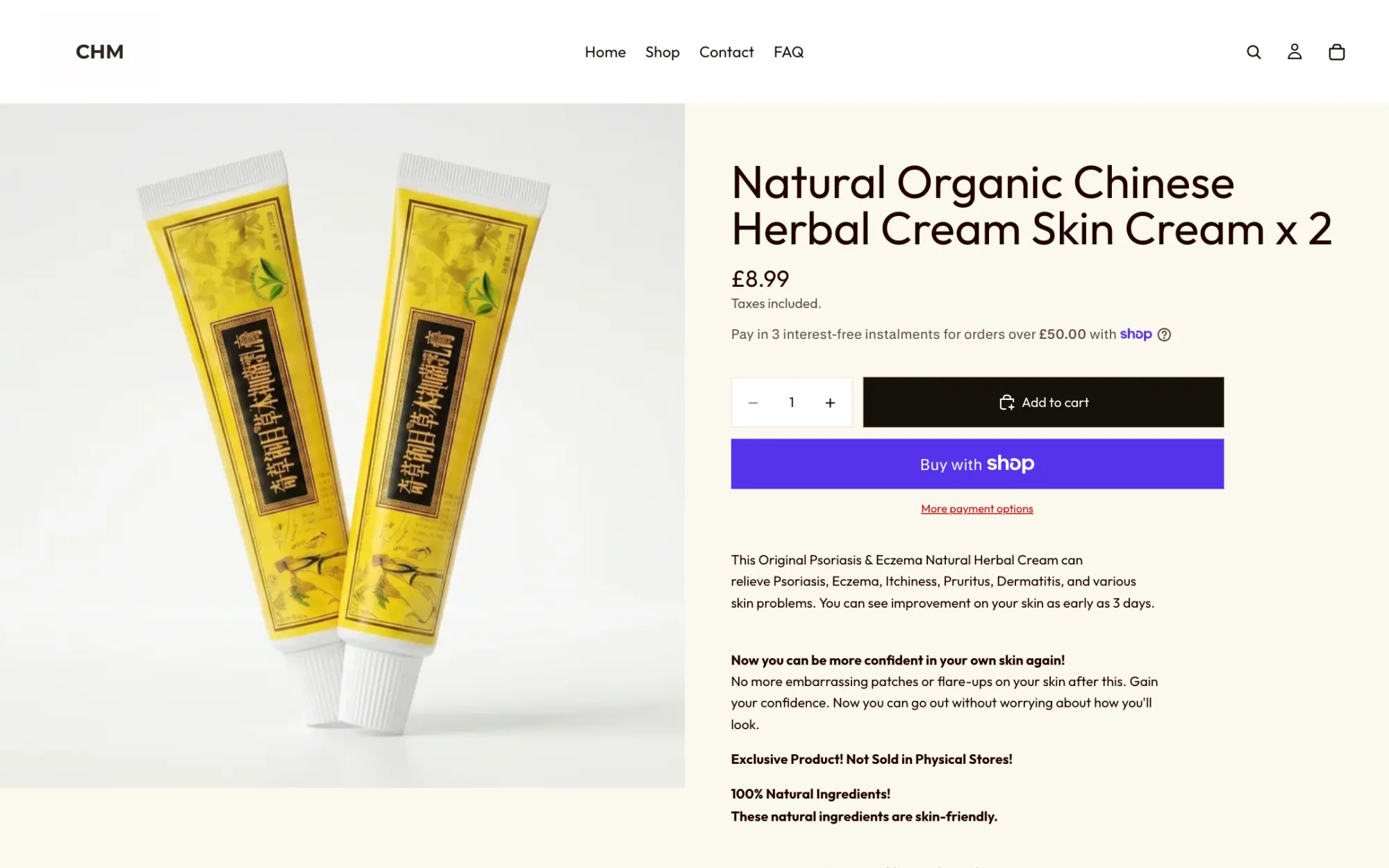 CHM product page — herbal skin cream with add to cart and Shop Pay